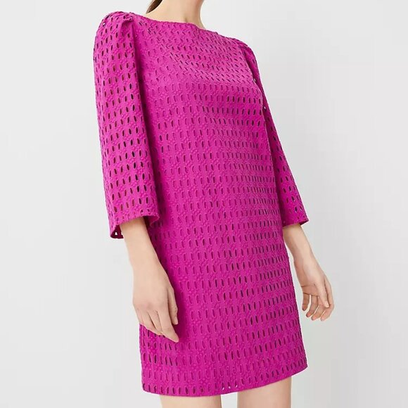 Ann Taylor XXL 2XL NWT Magenta Pink Eyelet Boatneck Shift Dress 3/4 Sleeve - Picture 3 of 11